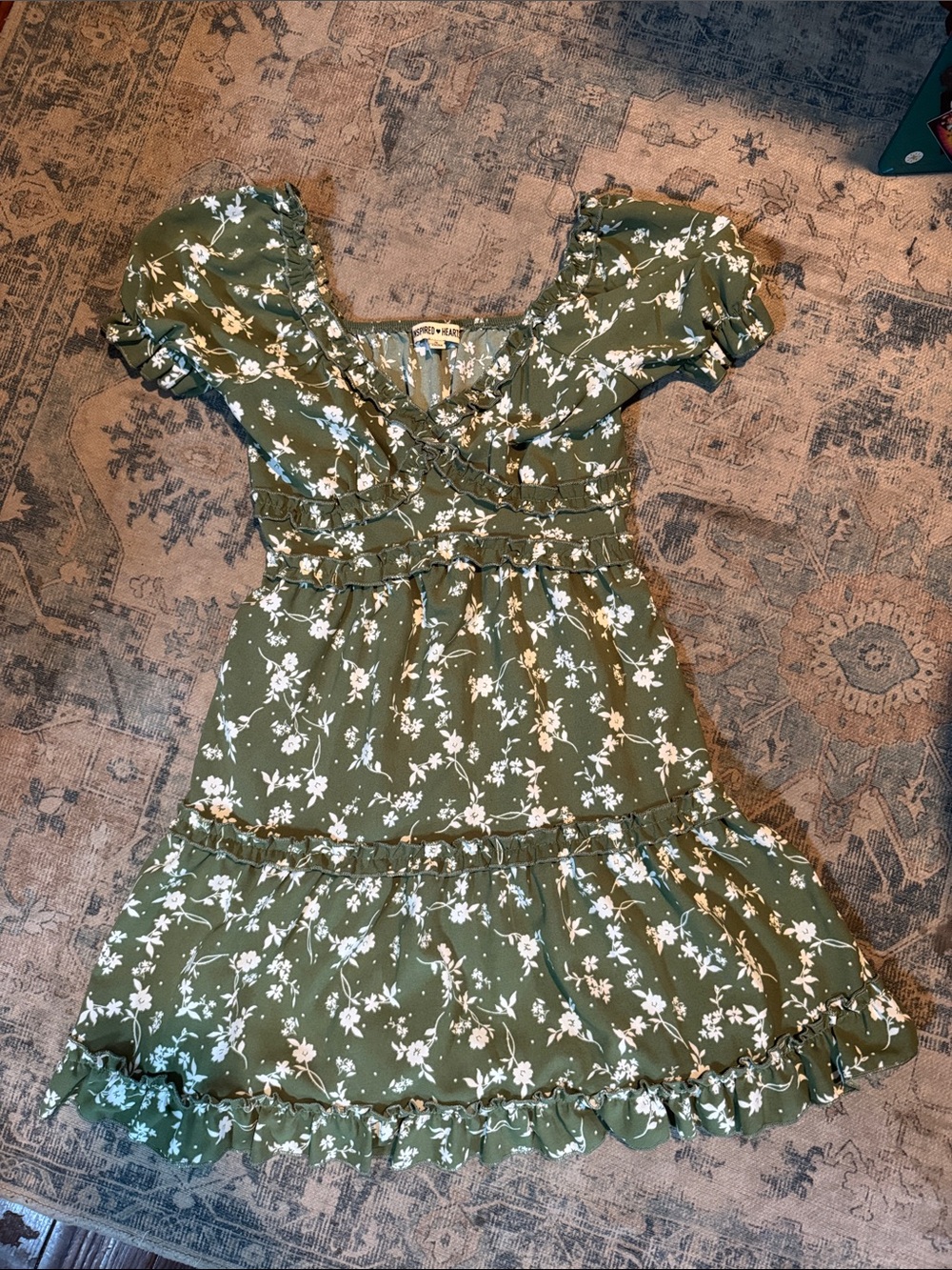 Inspired Hearts Olive Green Floral Ruffle Dress